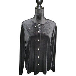 Impressions Black Long Sleeve Velour Top with pearl embellishments size Large